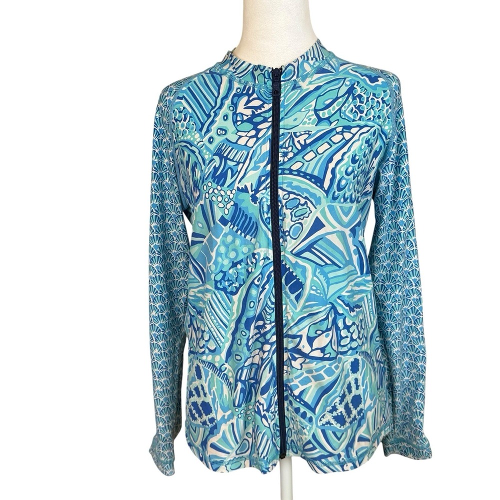 Helen Jon Rash Guard Full Zip Island Surf Shirt Long Sleeve UPF 50+ Blue Geo XL